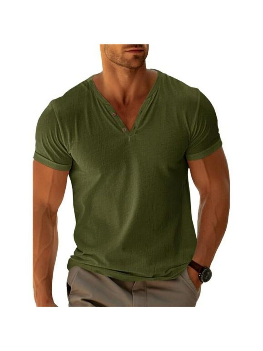 Mens V Neck Henley Shirt Short Sleeve Casual Summer Beach Button Tee Top